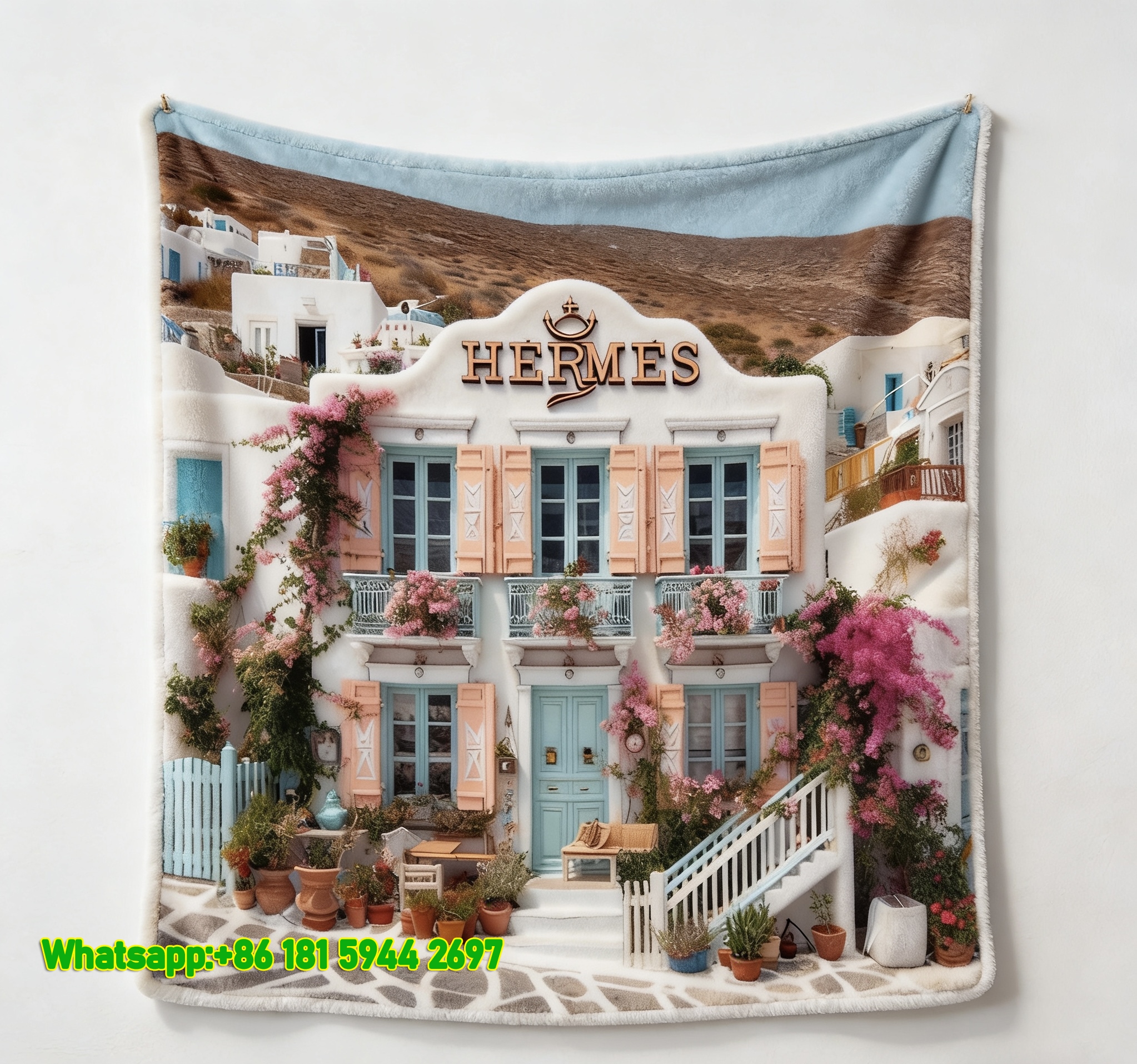 Luxury Hermès Santorini Bougainvillea Villa Print Flannel Throw Blanket IMG_5190